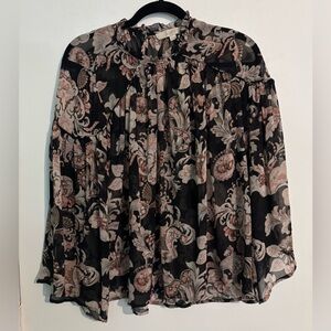 Loft Womens XS Oversized Sheer Blouse Floral Back Button Bell‎ Sleeve Black Pink